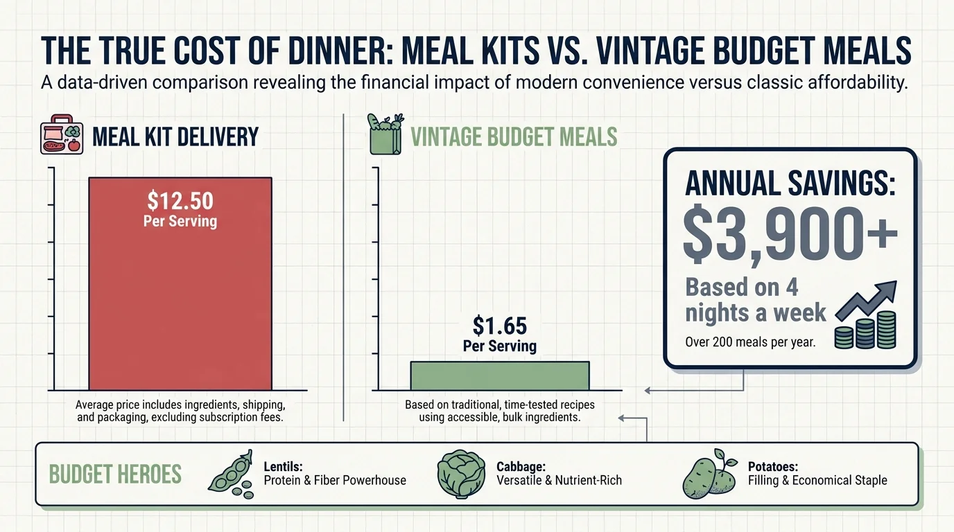 An infographic comparing the high cost of meal kits to the significant savings of budget-friendly home cooking.