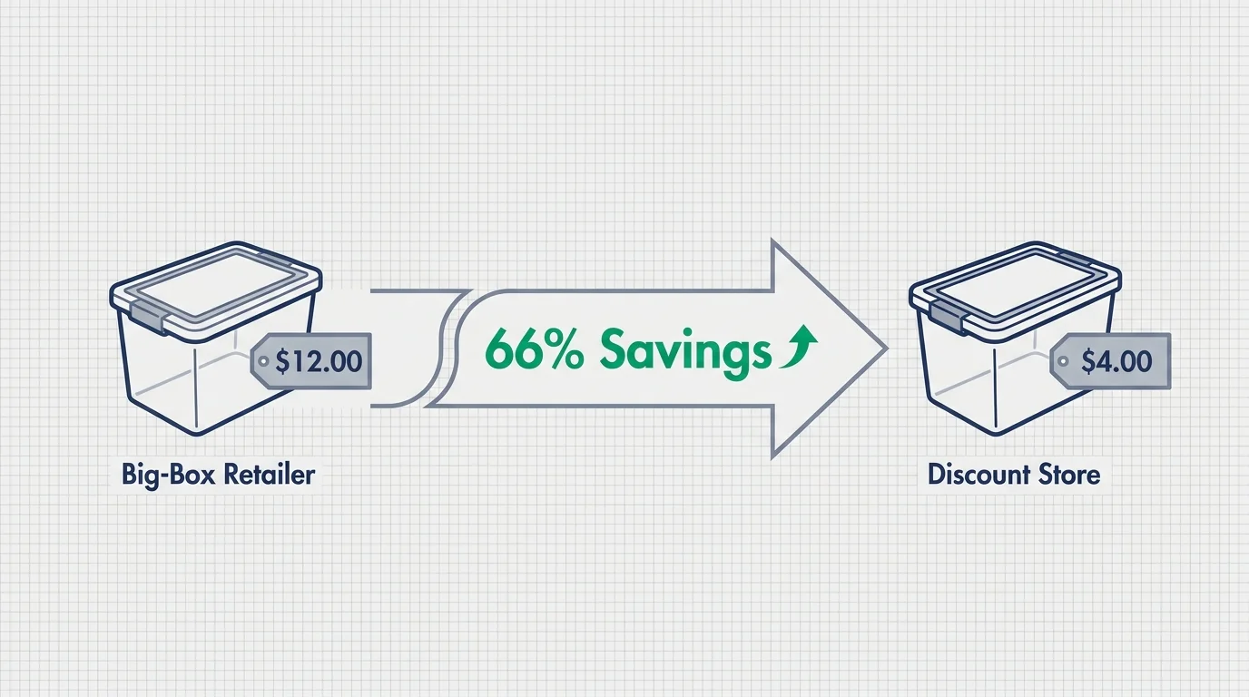 An infographic comparing the twelve-dollar price of a storage bin at a big-box store to a four-dollar price at a discount store.