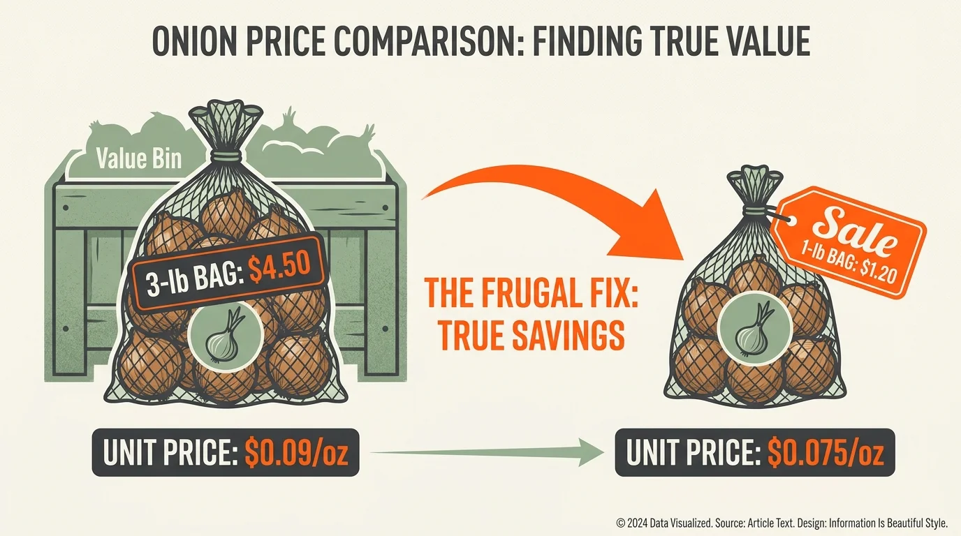 An infographic comparing the unit price of a bulk bag of onions versus a smaller sale-priced bag, showing the smaller bag is cheaper.