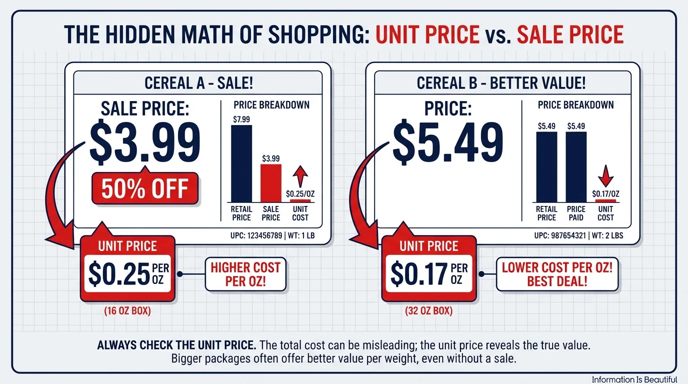 An infographic comparing two shelf tags, highlighting that the lower 'Unit Price' is the key to finding the real bargain.