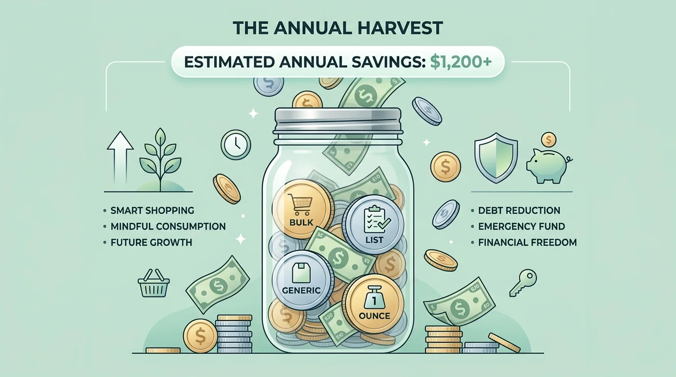 An infographic of a jar filled with money, with coins labeled by the different shopping tips mentioned in the article.