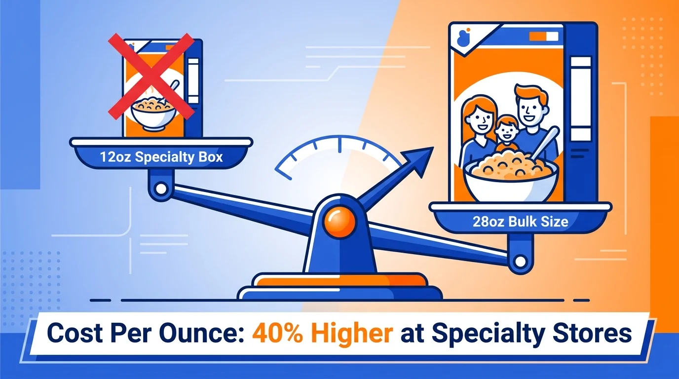 An infographic scale showing a small cereal box is much more expensive per ounce than a family-sized box.