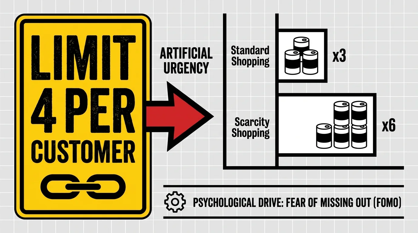 An infographic showing a 'Limit 4' sign next to a chart showing that limits actually cause people to buy more.