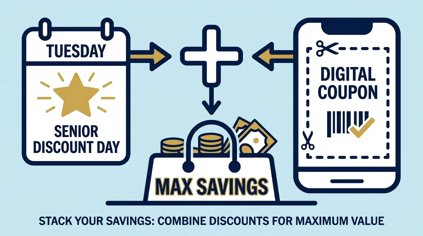 An infographic showing a 'Senior Discount Day' calendar plus a 'Digital Coupon' app leading to 'Max Savings'.
