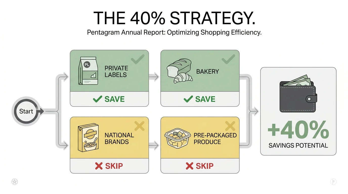 An infographic showing a shopping path where skipping national brands and produce leads to a 40% saving.