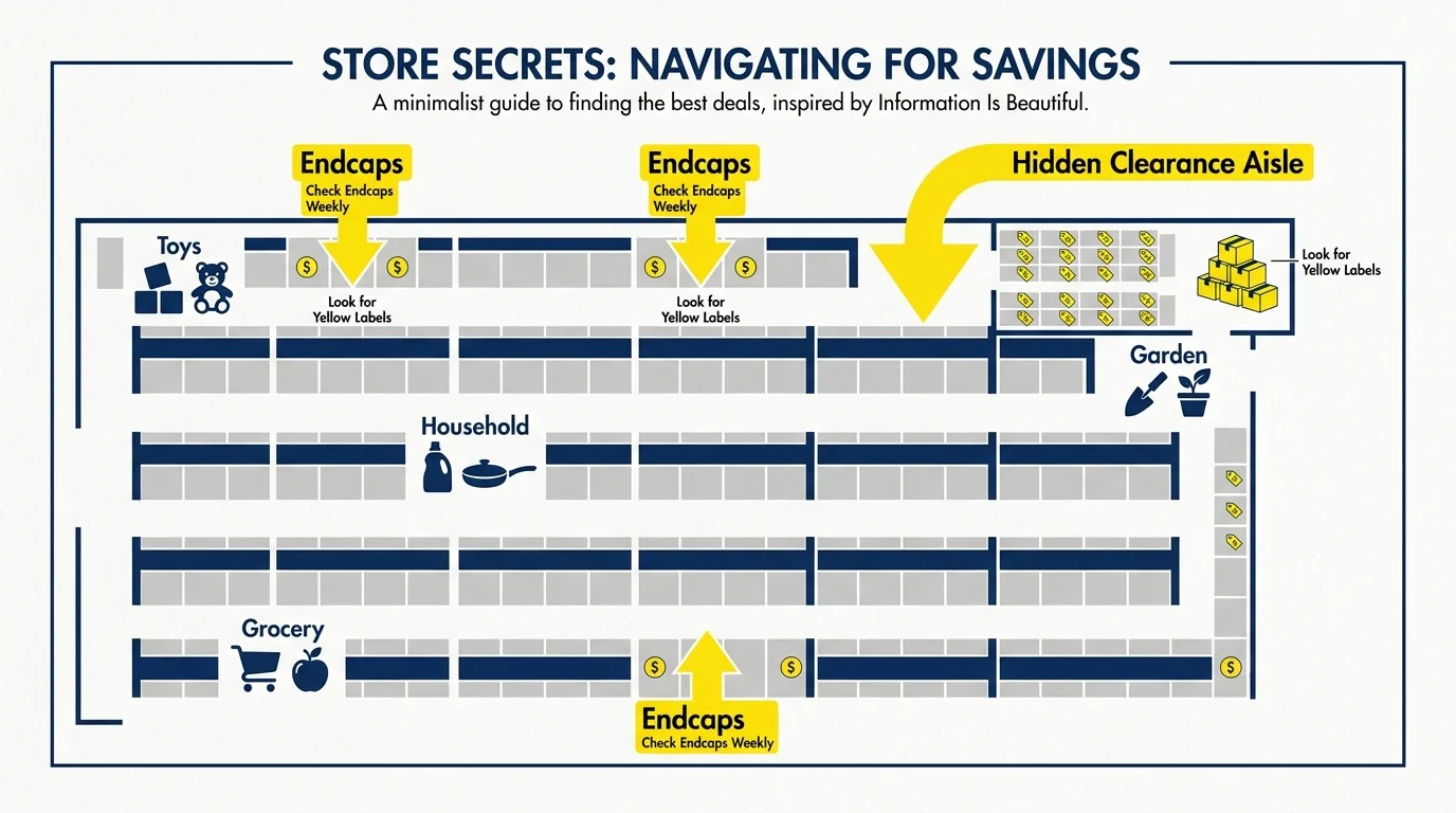 An infographic showing a store floor plan with arrows pointing to clearance endcaps and hidden aisles.