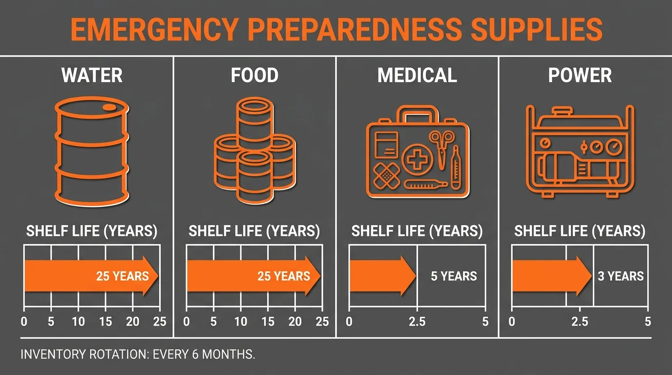 An infographic showing categories of emergency supplies like water, food, and power with their shelf lives.