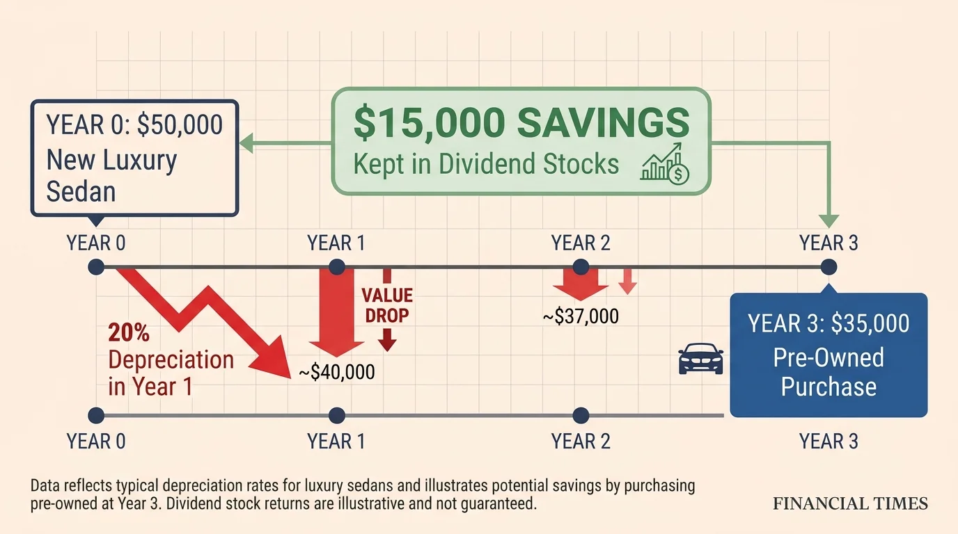 An infographic showing how a $50,000 new car depreciates to $35,000 in three years, saving $15,000.
