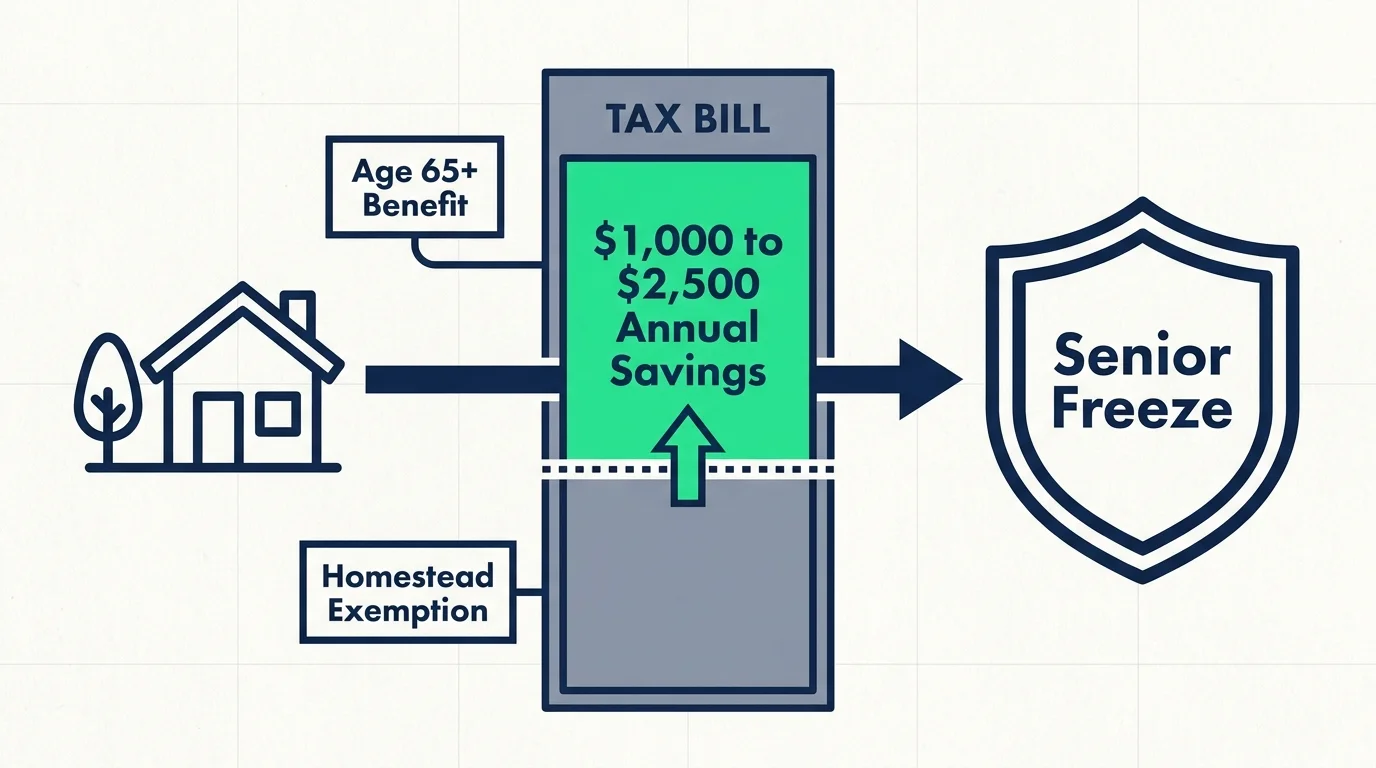 An infographic showing how a senior property tax freeze can save a homeowner between $1,000 and $2,500 annually.