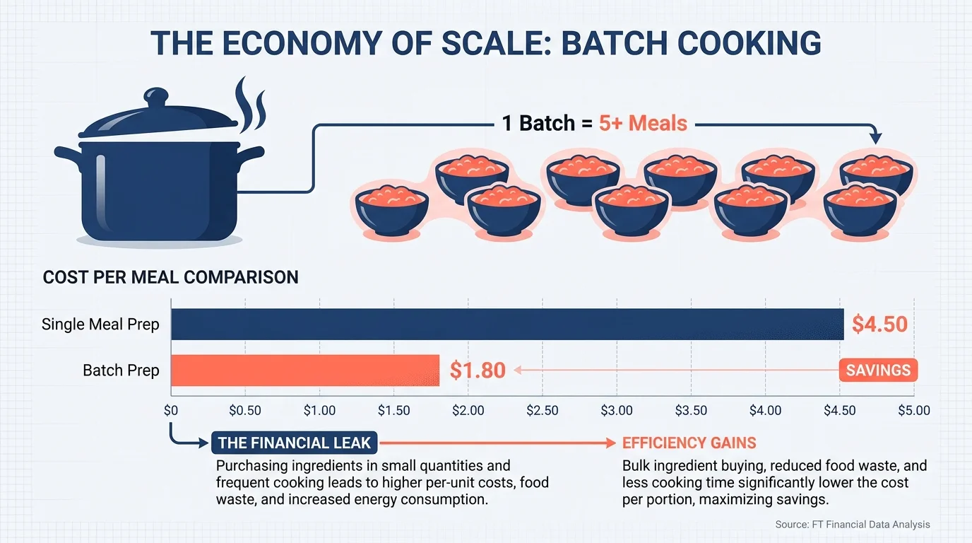 An infographic showing how batch-cooking a single pot of chili reduces the per-meal cost from $4.50 to $1.80.