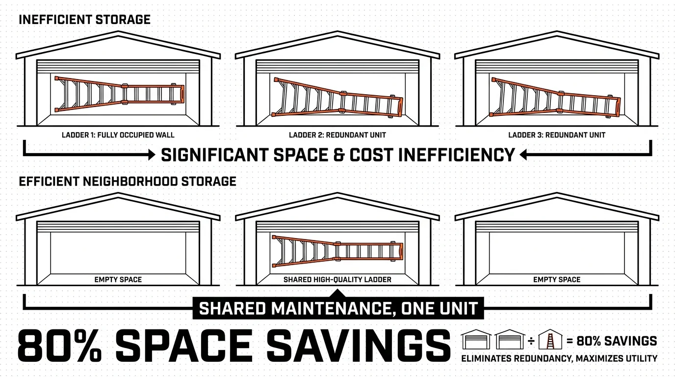 An infographic showing how sharing one large ladder among three houses saves significant garage storage space.