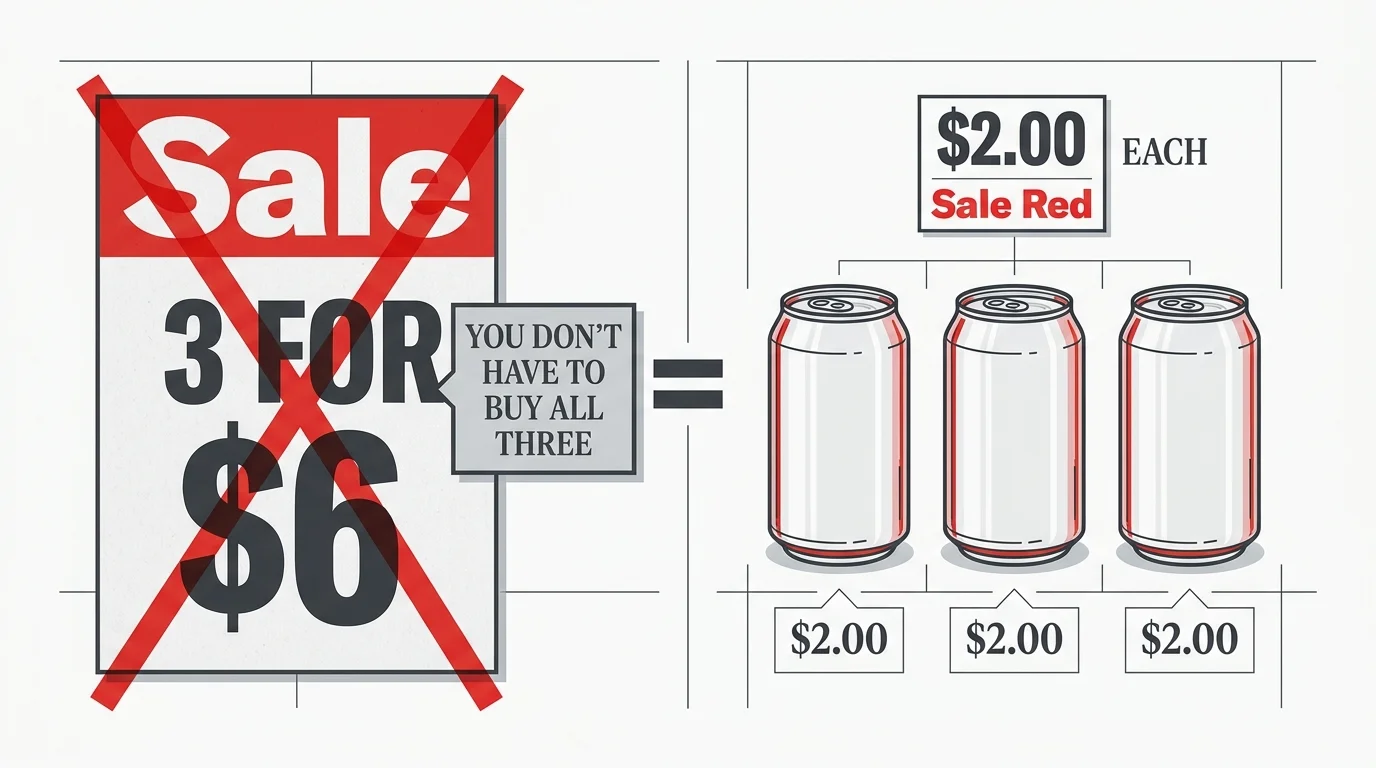 An infographic showing that a '3 for $6' deal is often the same price as buying items individually for $2 each.