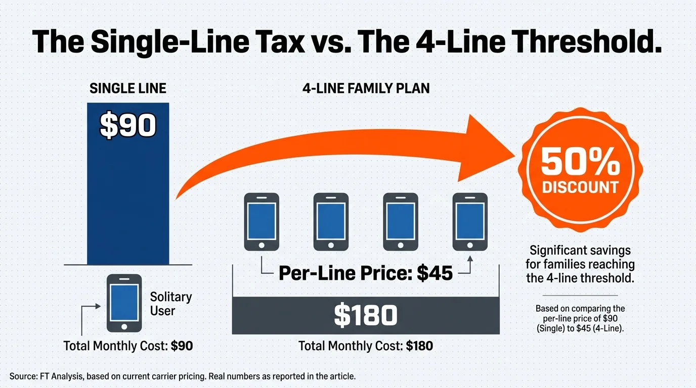 An infographic showing that a 4-line phone plan offers a 50 percent discount per line compared to a single-user plan.