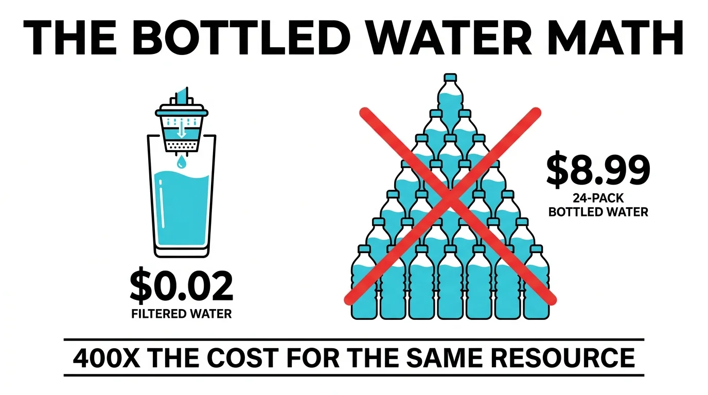 An infographic showing that bottled water costs 400 times more than filtered tap water.