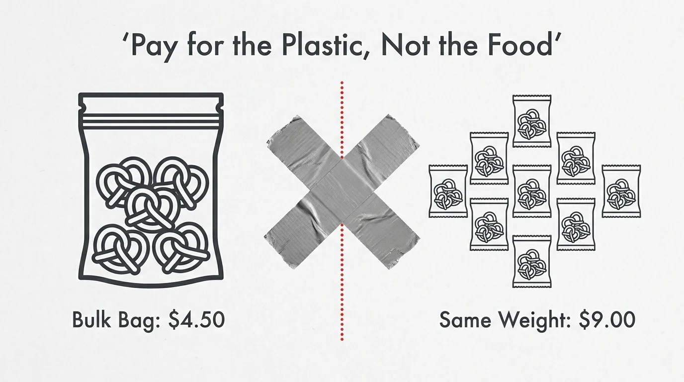 An infographic showing that buying a bulk bag of snacks is half the price of buying the same weight in single-serving packs.