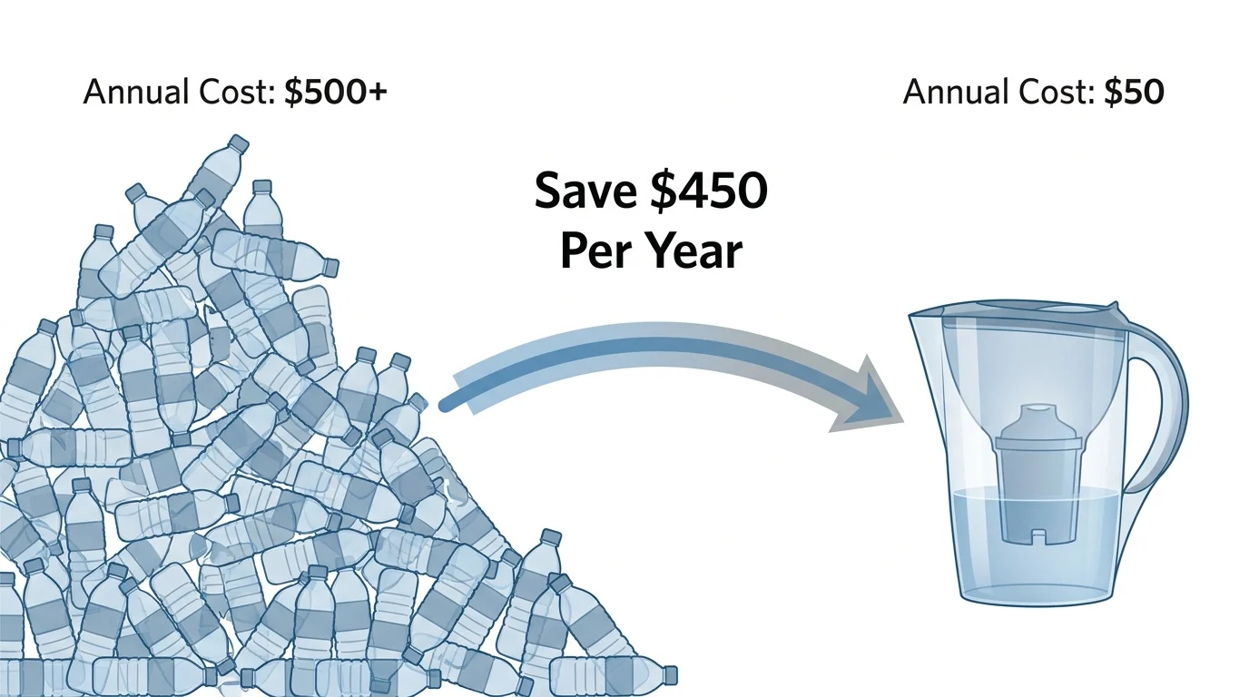 An infographic showing the cost of 1,500 water bottles versus one filter pitcher, highlighting a $450 saving.