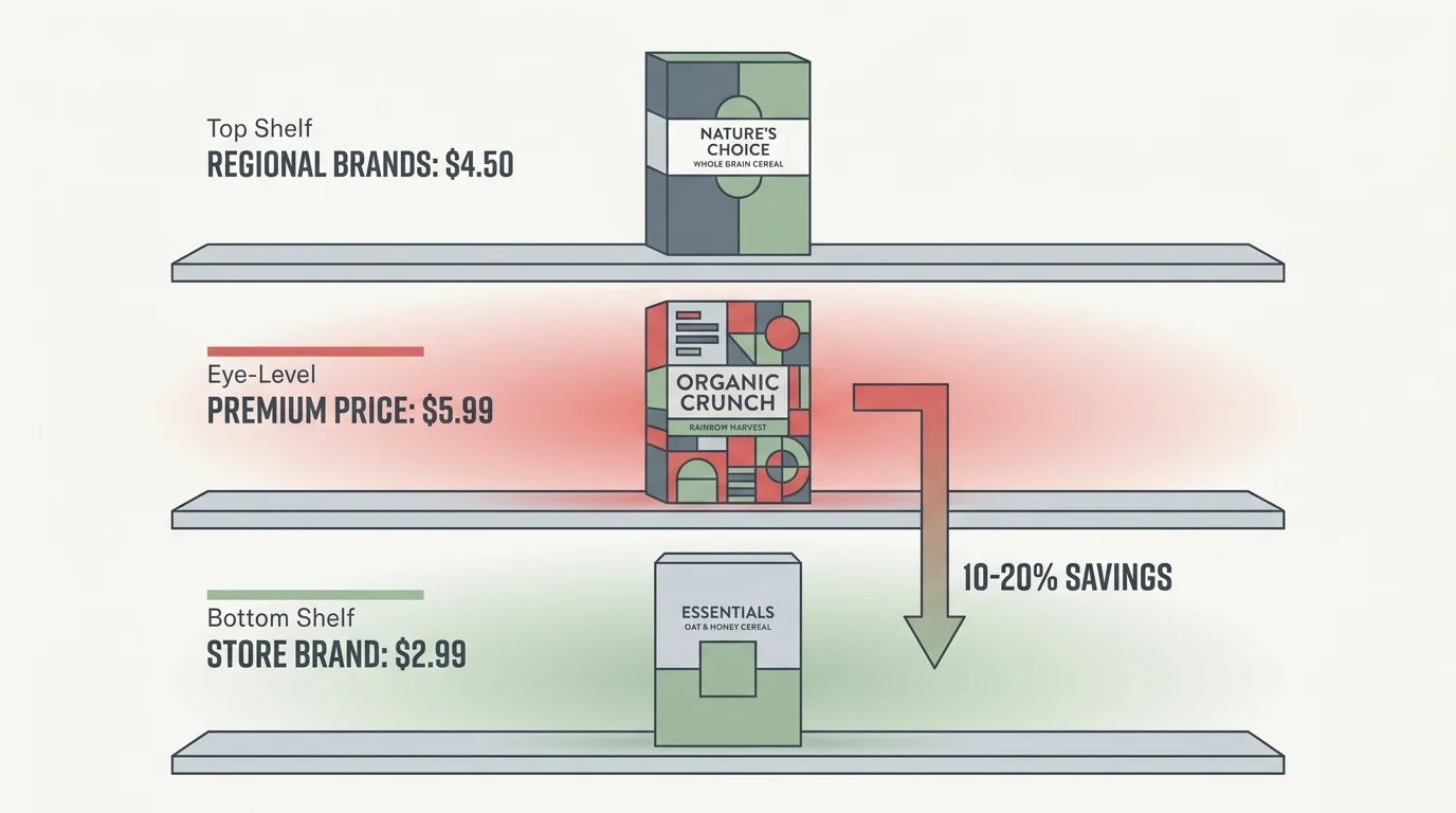 An infographic showing three grocery shelves with prices: $5.99 at eye level, $4.50 on top, and $2.99 on the bottom.