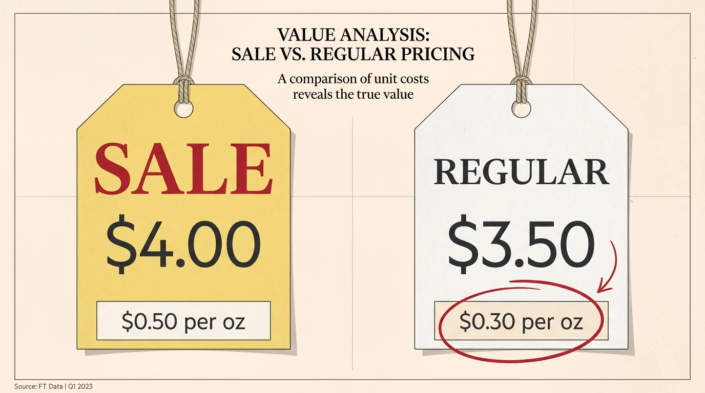 An infographic showing two price tags where the more expensive 'sale' item has a higher cost per ounce than the regular item.