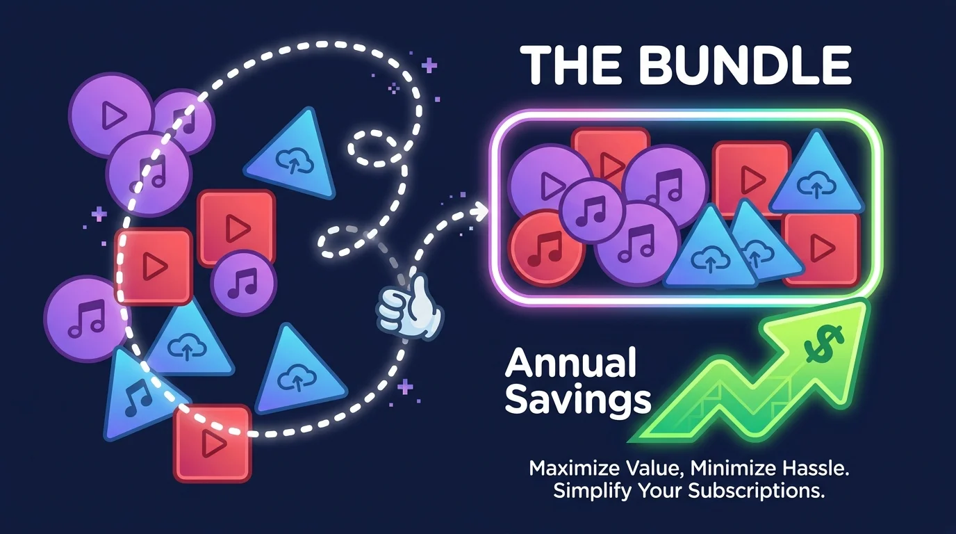 An infographic showing various colorful icons being grouped into a single box to represent subscription bundling.