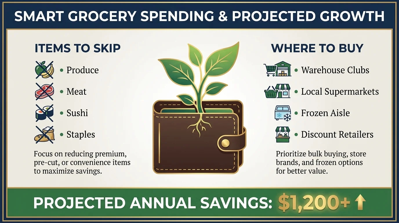 An infographic summary showing items to skip and where to shop to save over $1,200 annually.