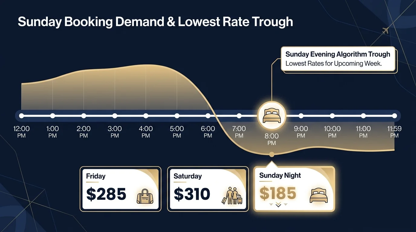 An infographic timeline showing hotel booking prices dropping significantly on Sunday evening.
