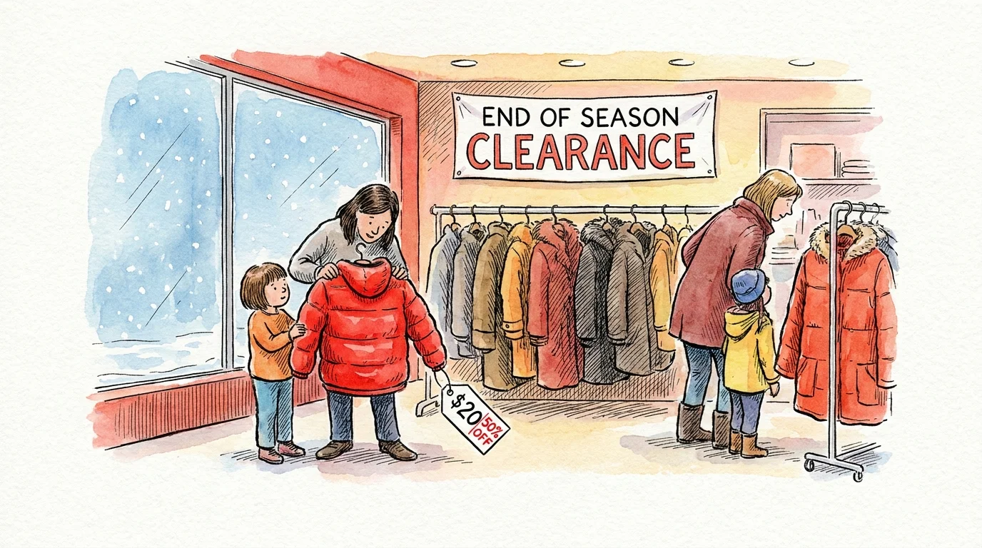 An ink and watercolor drawing of a family buying winter coats at half price during a February clearance sale.