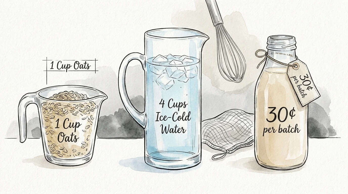 An ink and watercolor drawing showing 1 cup of oats, 4 cups of water, and a bottle of milk labeled 30 cents.