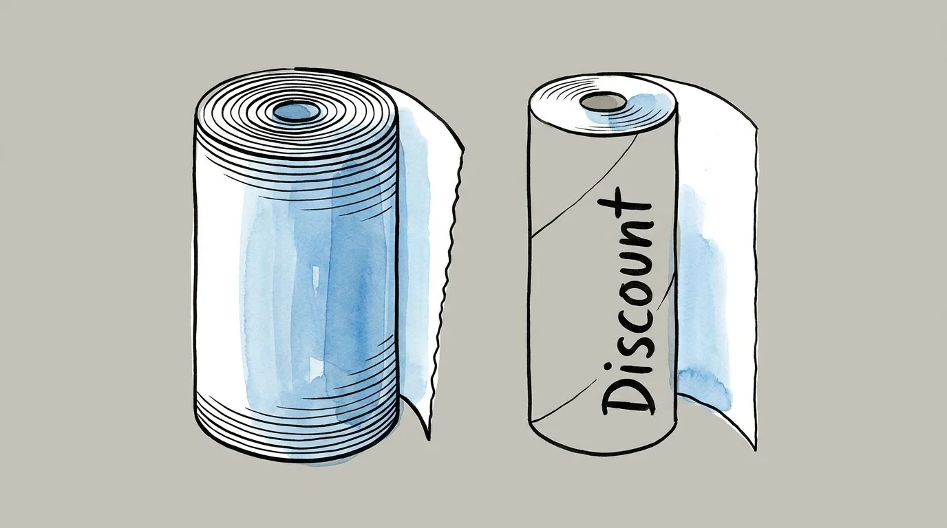 An ink and watercolor illustration comparing a thick paper towel roll to a thin one with a large core.