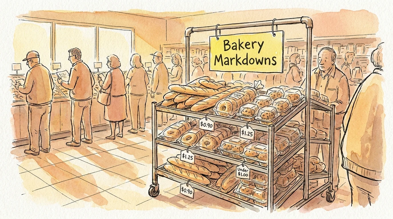 An ink and watercolor illustration of a bakery clearance rack featuring discounted bread and muffins with yellow tags.