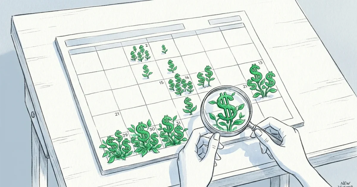 An ink and watercolor illustration of a calendar where specific dates sprout dollar signs, viewed through a magnifying glass.