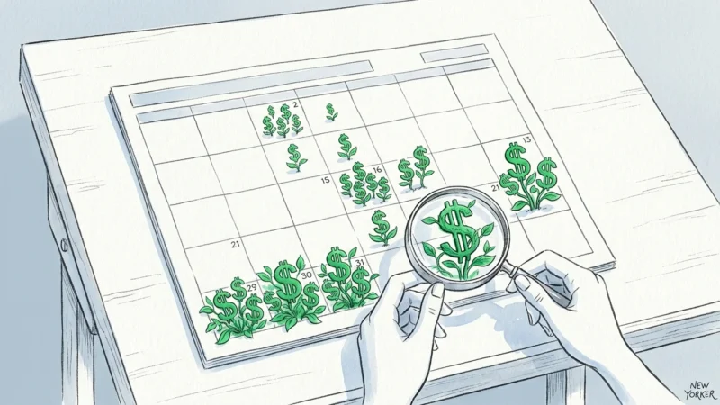 An ink and watercolor illustration of a calendar where specific dates sprout dollar signs, viewed through a magnifying glass.