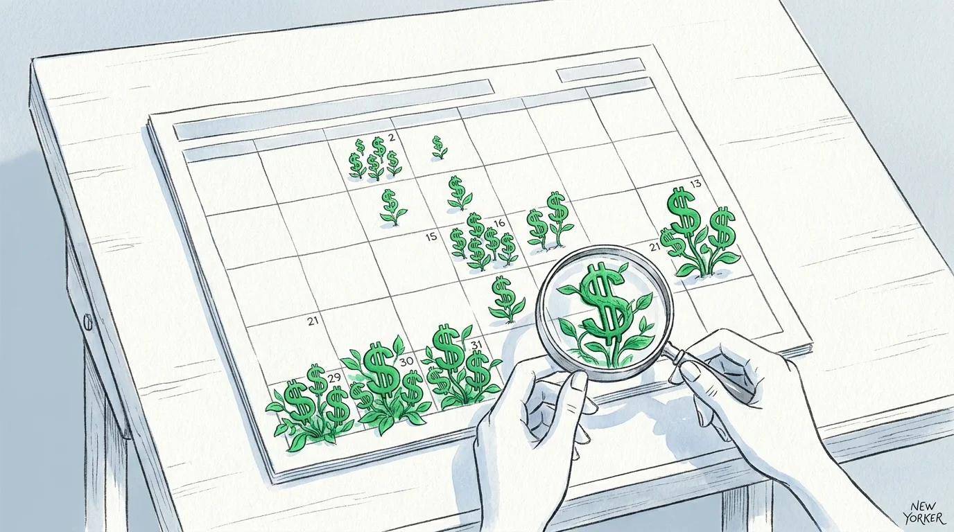 An ink and watercolor illustration of a calendar where specific dates sprout dollar signs, viewed through a magnifying glass.