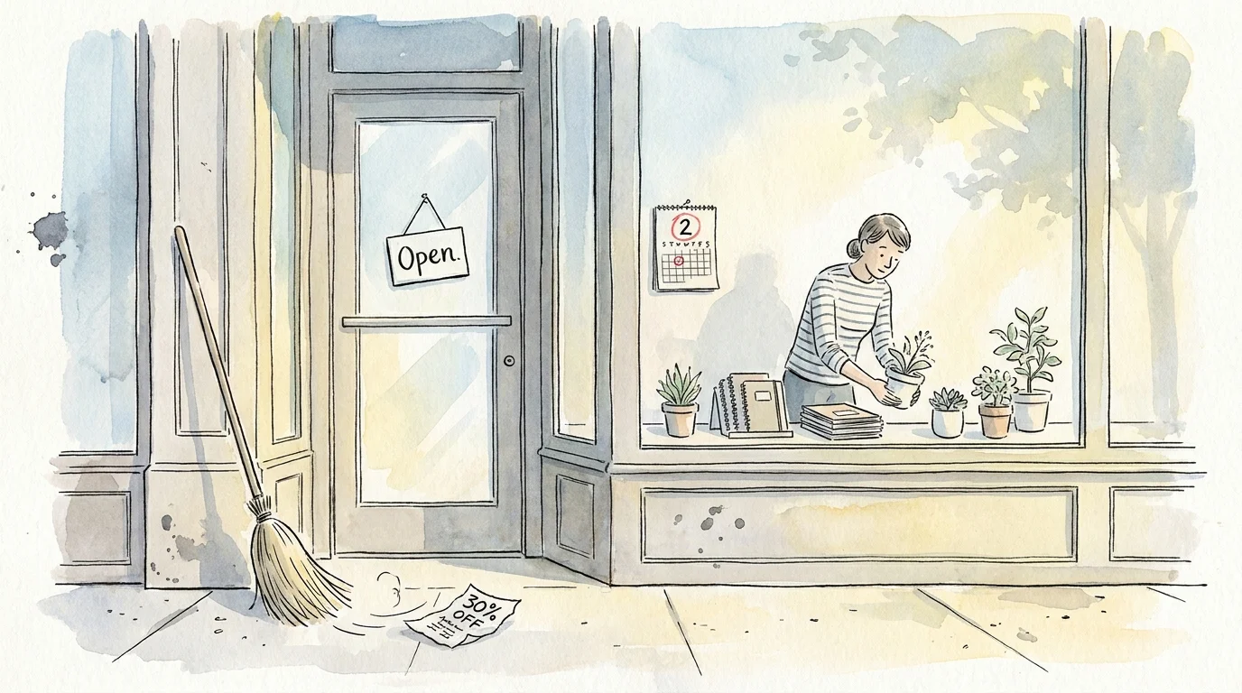 An ink and watercolor illustration of a store on the 2nd of the month, with a flyer being swept away and a fresh calendar displayed.