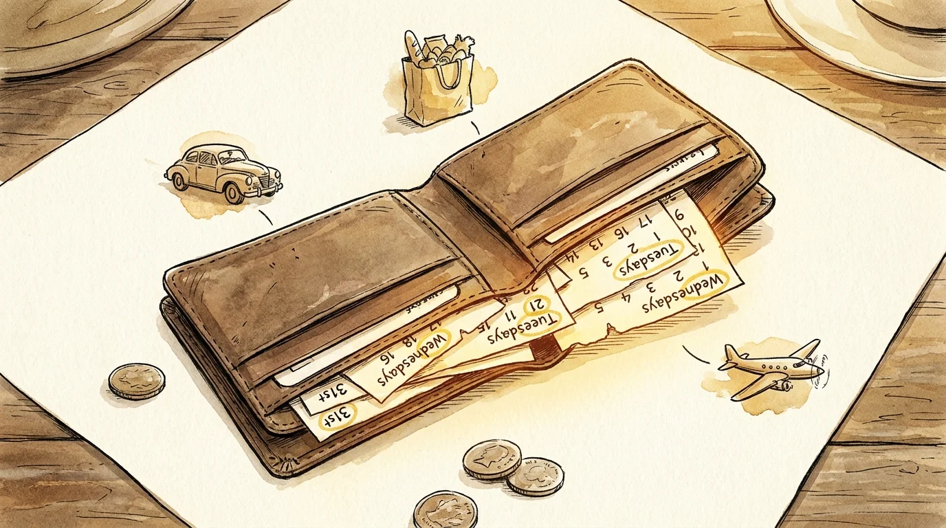 An ink and watercolor illustration of a wallet filled with calendar pages that have glowing discount dates.