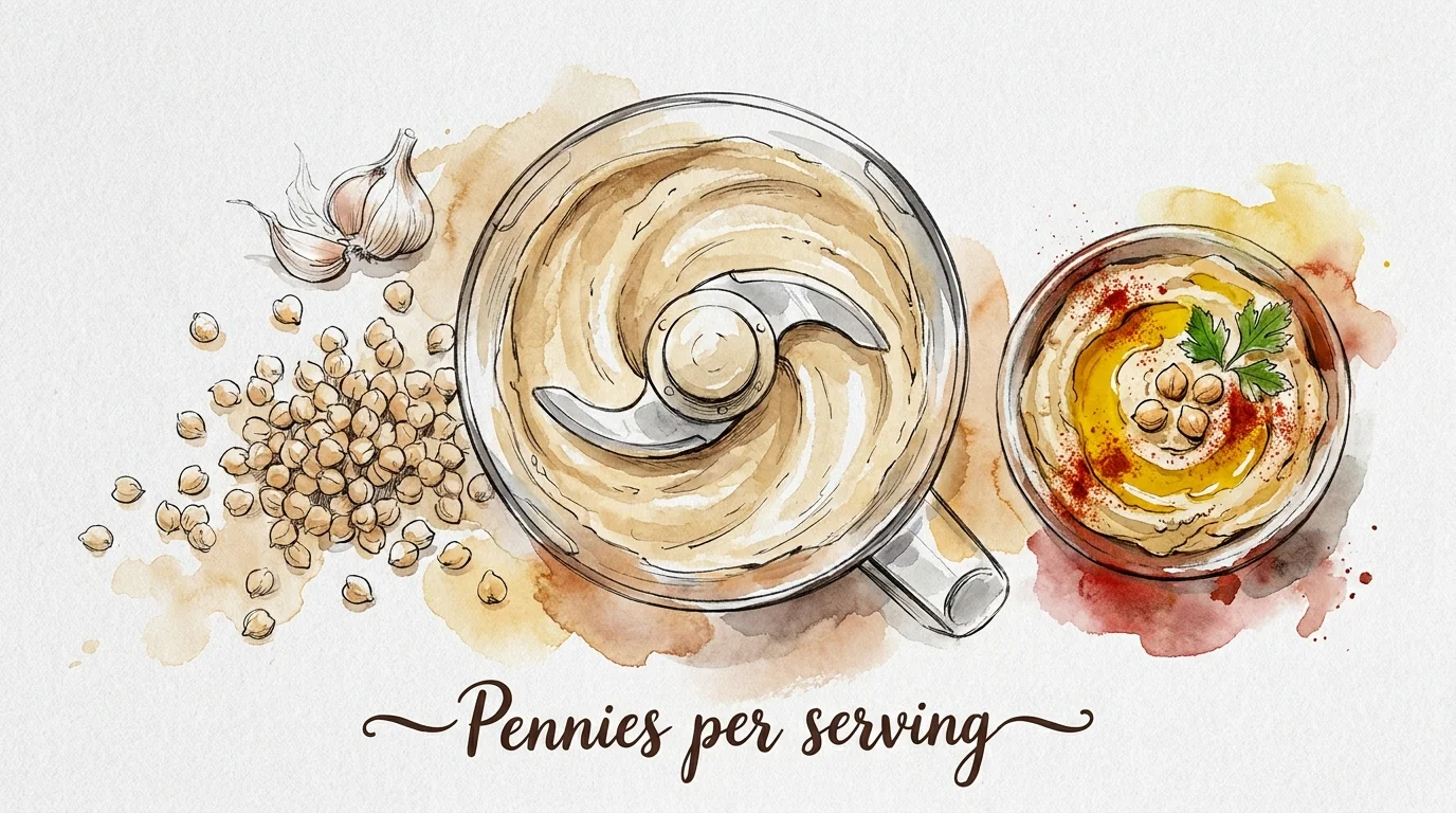 An ink and watercolor sketch of a food processor making hummus with ingredients like chickpeas and garlic.