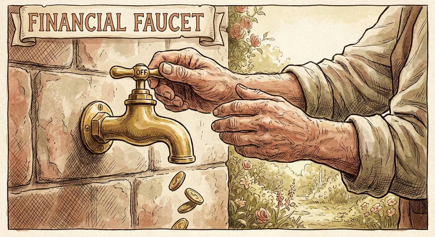 An ink illustration showing senior hands turning off a faucet that was dripping gold coins.