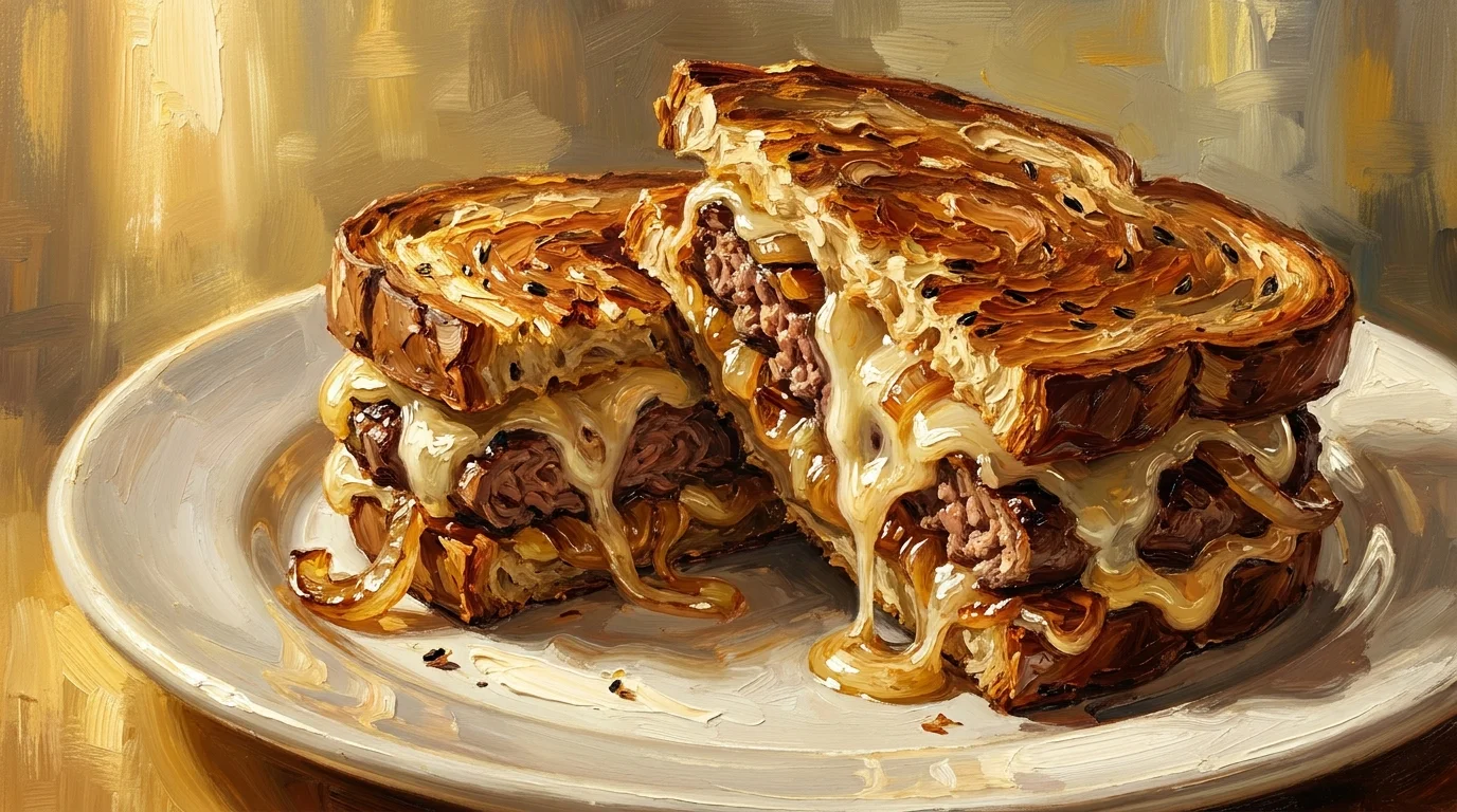 An oil painting of a toasted patty melt sandwich with melted cheese and caramelized onions.