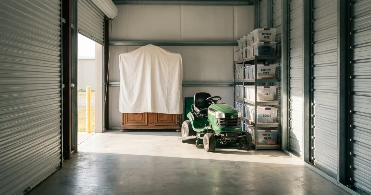 An organized storage unit with a riding mower, shelving units, and wrapped furniture under bright morning light.