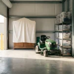 An organized storage unit with a riding mower, shelving units, and wrapped furniture under bright morning light.