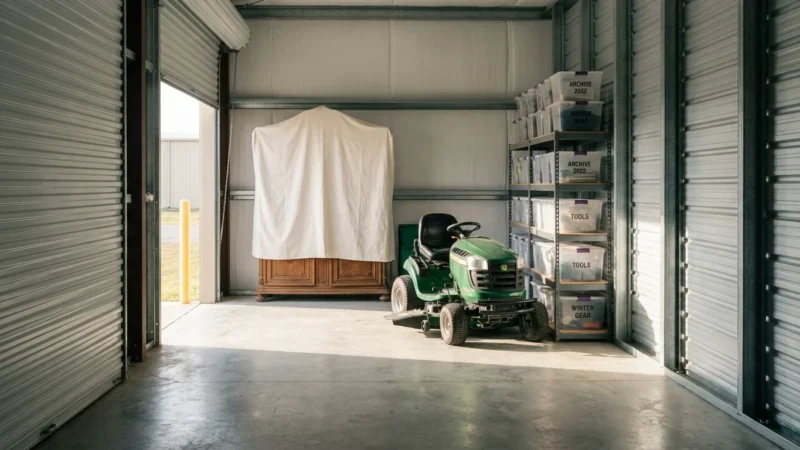 An organized storage unit with a riding mower, shelving units, and wrapped furniture under bright morning light.
