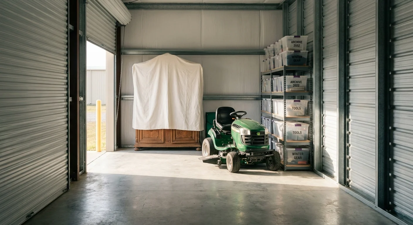 An organized storage unit with a riding mower, shelving units, and wrapped furniture under bright morning light.