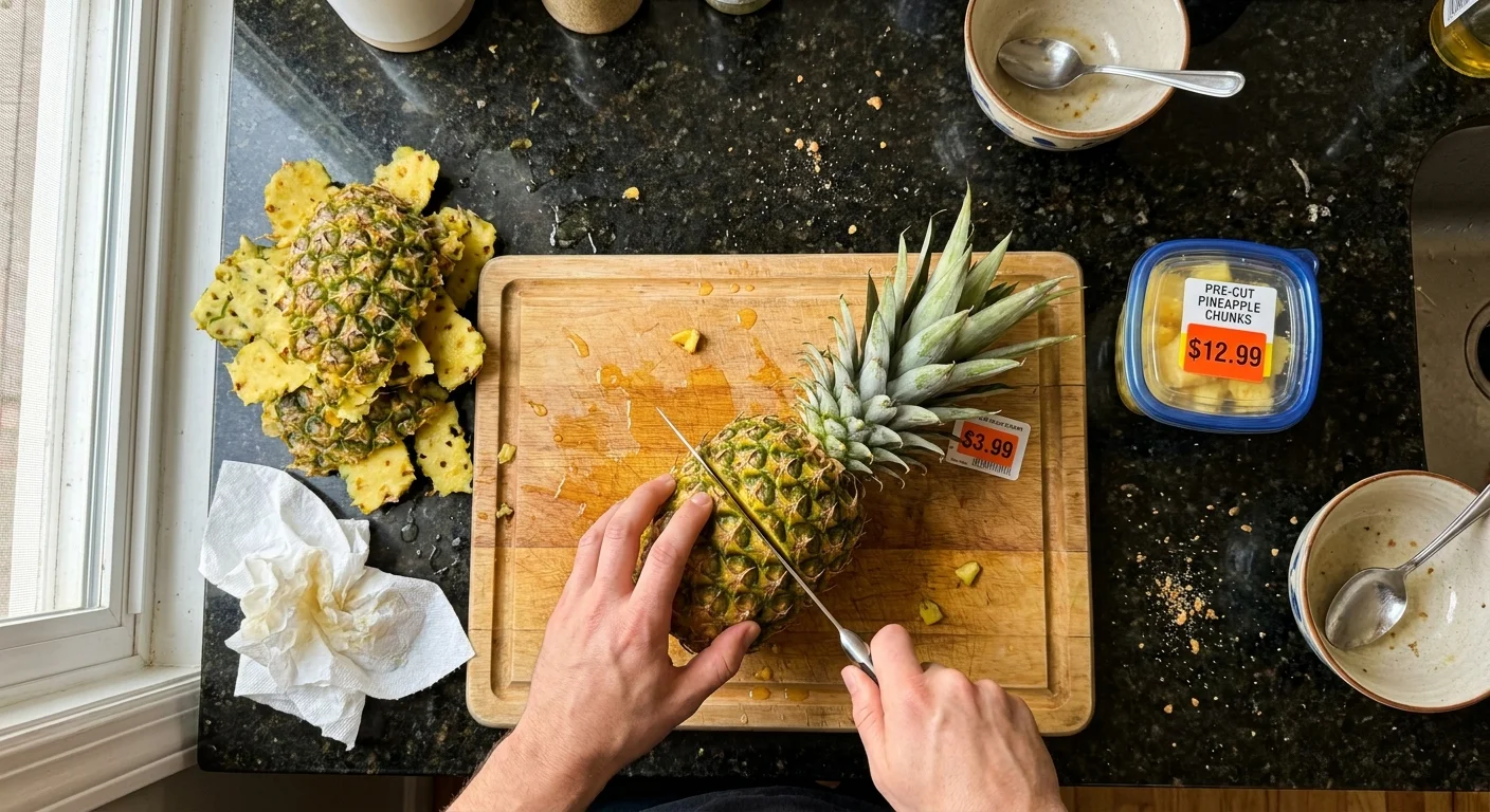 An overhead shot of a person cutting a whole pineapple next to an expensive container of pre-cut fruit.