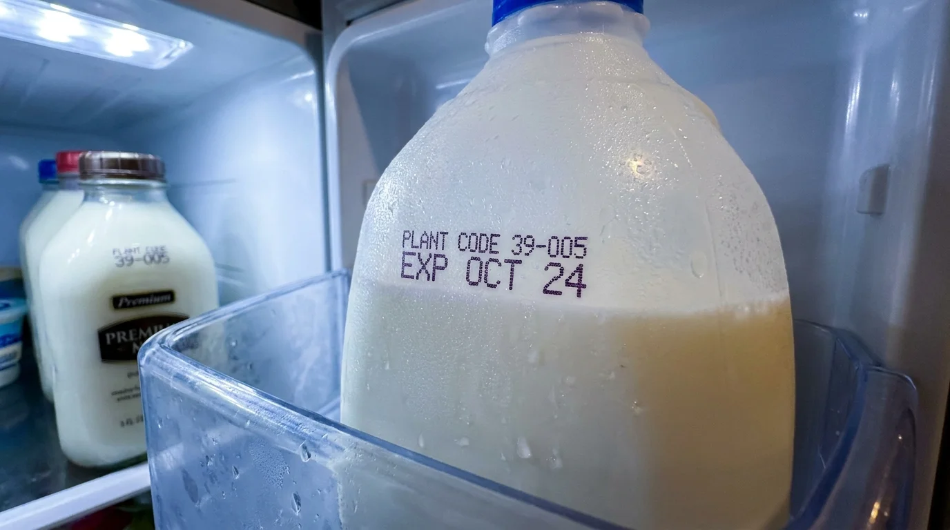 Close-up of a milk gallon plant code in a refrigerator, revealing it is the same as the expensive brand next to it.