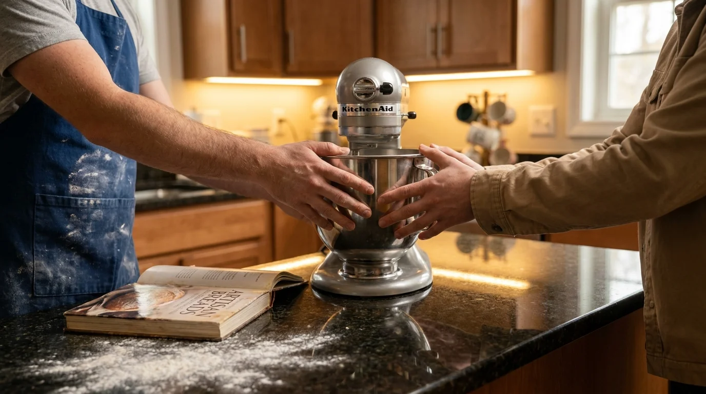 Close-up of a person handing a high-end stand mixer to a friend in a kitchen, representing shared kitchen tools.