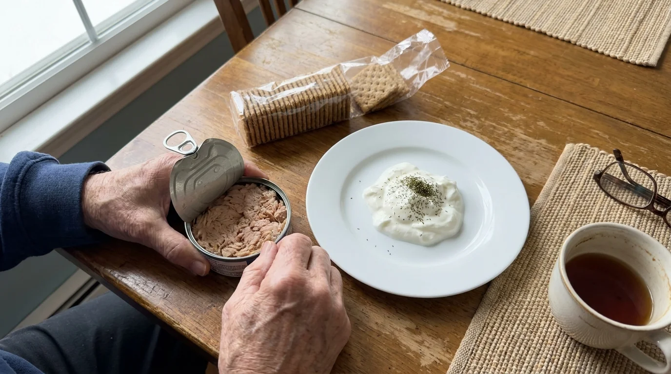 Close-up of a senior preparing a tuna salad using Greek yogurt as a high-protein, low-cost substitute for mayonnaise.