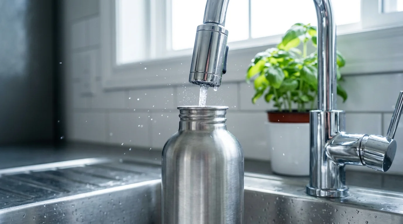 Close-up of a stainless steel bottle being filled from a kitchen tap with a water filter.