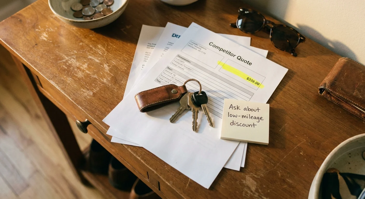 Close-up of car keys resting on a stack of insurance quotes with a sticky note about low-mileage discounts.