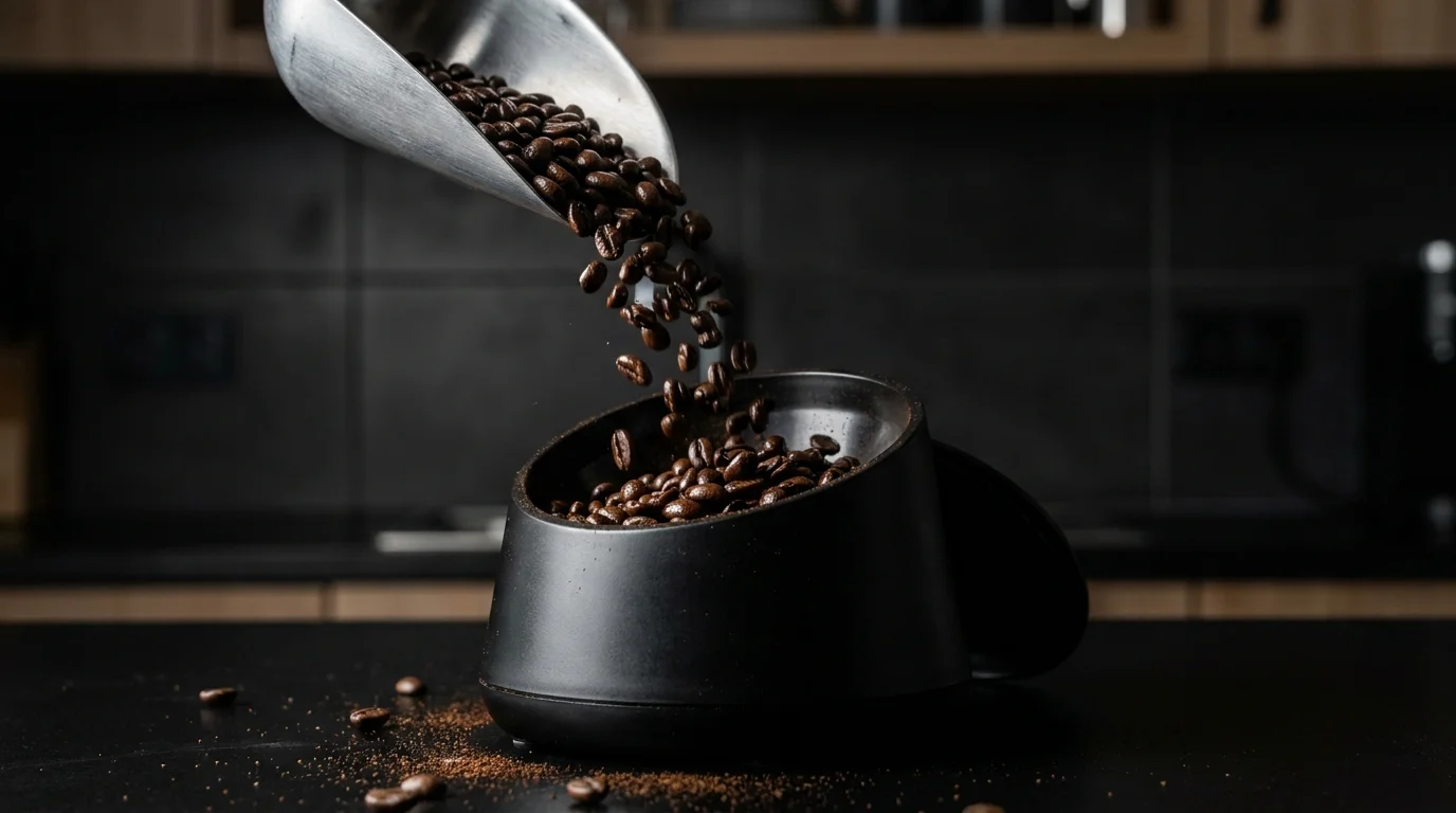 Close-up of dark roasted coffee beans being scooped into a coffee grinder.