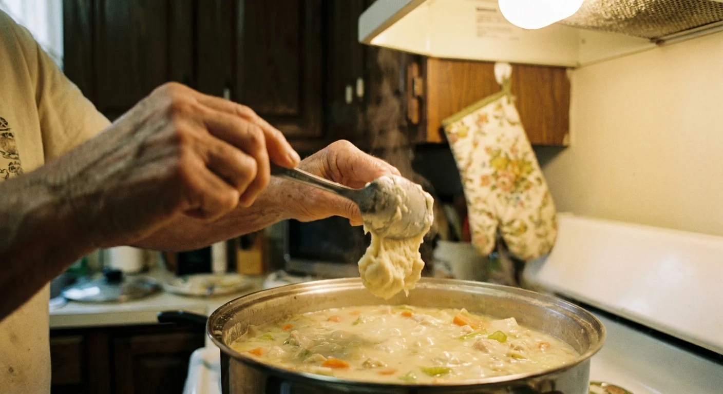 Close-up of hands dropping dough into a pot of chicken stew, captured with a warm, nostalgic film look.