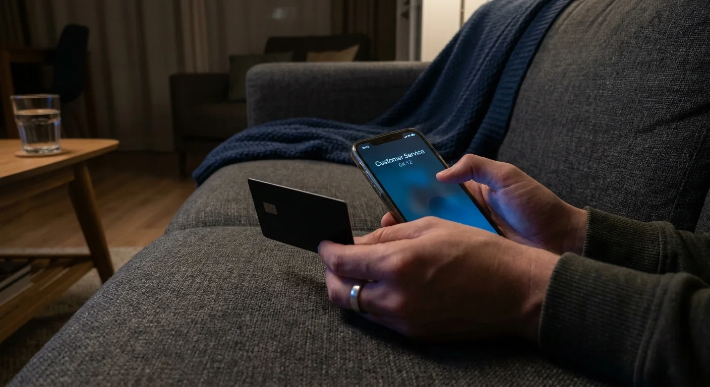 Close-up of hands holding a credit card and a smartphone during a call to customer service.